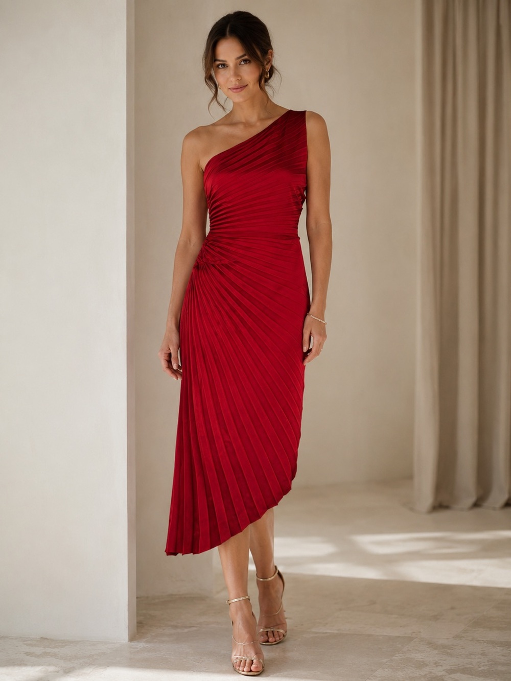 Belle by Badgley Mischka Kelsey
Satin Chiffon One Shoulder
Asymmetric Midi Dress